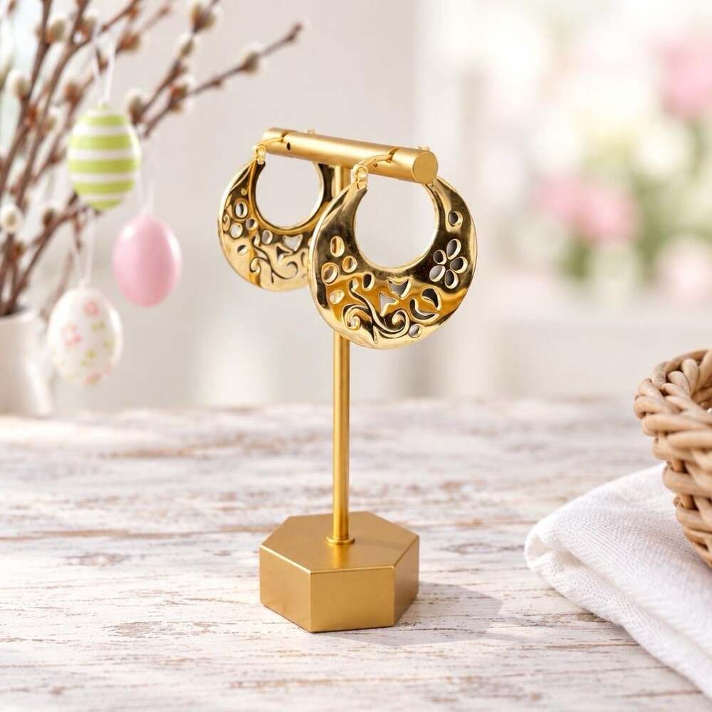 Gold Tone Ornate Cutout Hoop Dangle Earrings – Statement Fashion Jewelry